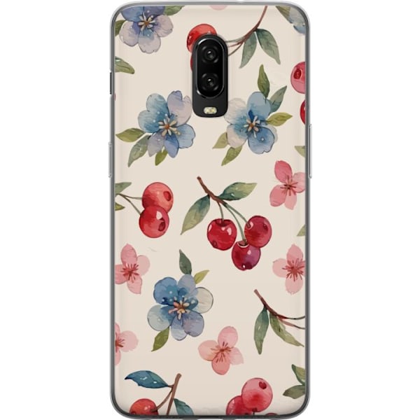 OnePlus 6T Gennemsigtig cover Bær & Blomster - mønster med blå blomster og skovbær