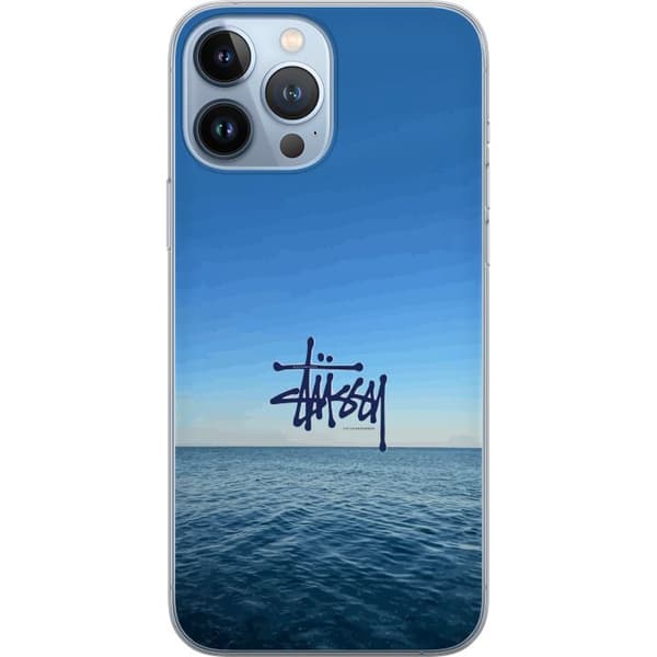 Kompatibelt Mobildeksel til Apple iPhone 13 Pro Max Havspanorama med blå himmel og stilig surf-inspirert logo blå