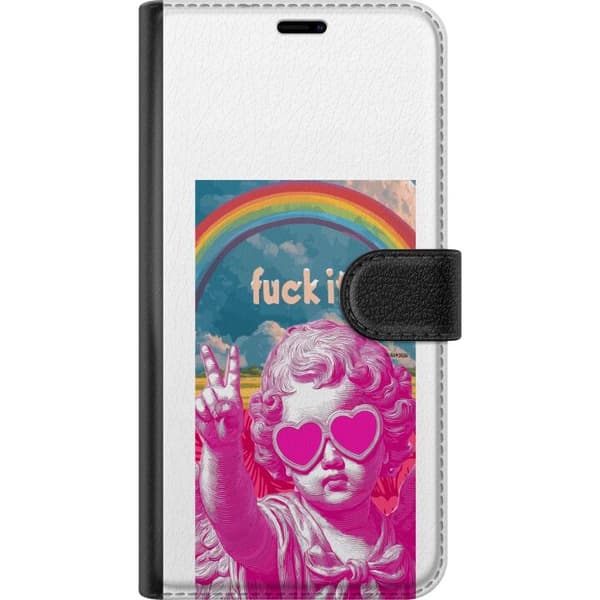 Kompatibel Tegnebogsetui til Apple iPhone 16 Lyserød klassisk statue med hjerteformede solbriller, fredstegn, regnbue og "Fuck It"-tekst pink