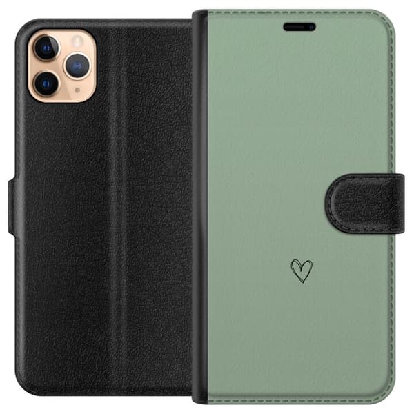 Kompatibel Tegnebogsetui til Apple iPhone 11 Pro Max Minimalistisk sort håndtegnet hjerte centreret på en rolig lysegrøn baggrund grøn