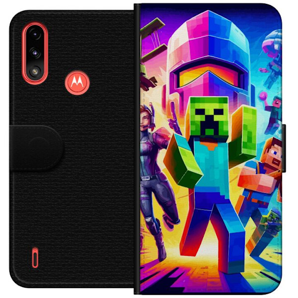 Motorola Moto E7 Power Tegnebogsetui Fortnite vs Minecraft