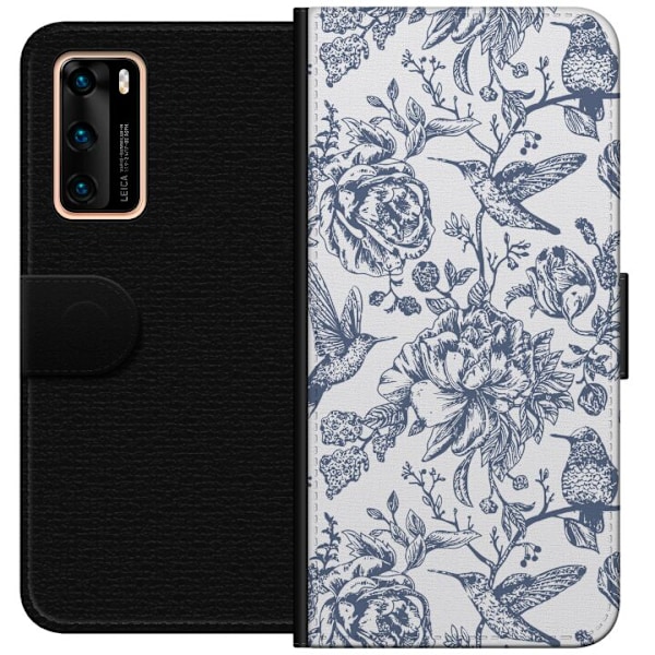 Huawei P40 Plånboksfodral Blomster & Fåglar – romantiskt mönster i vintage-stil