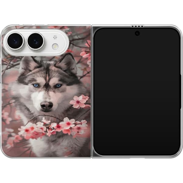 Kompatibelt Mobildeksel til Apple iPhone Duo Husky blant rosa blomster - hundemotiv i grått og rosa grå