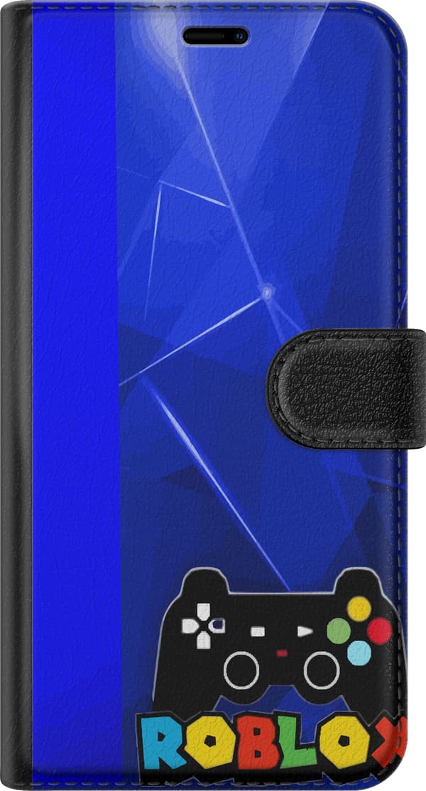 Kompatibel Tegnebogsetui til Apple iPhone 12 Pro Gamingmotiv med sort gamecontroller og farverig spiltekst på abstrakt blå baggrund blå