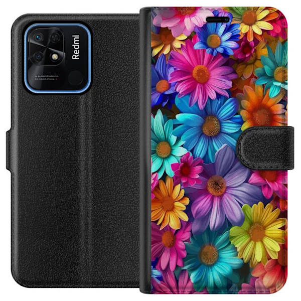 Xiaomi Redmi 10C Plånboksfodral Gerbera Blommor Färgglad Dekor Blommotiv Populärt Heminredning Färg Rik Väggkonst Design