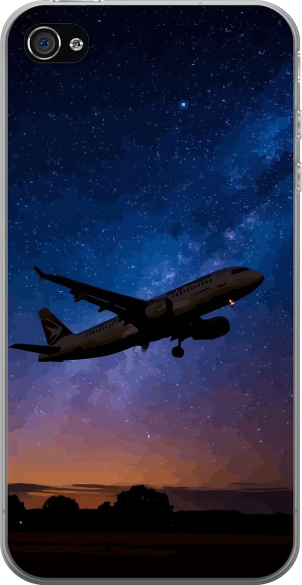 Kompatibelt Mobildeksel til Apple iPhone 4s Passasjerfly i silhuett mot blå stjernehimmel med varm horisont blå