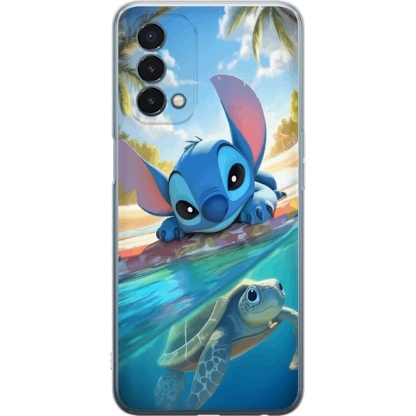 OnePlus Nord N200 5G Läpinäkyvä kuori Stitch kilpikonnalla - söpö sininen avaruusolento trooppisessa rantaympäristössä Disneyn tapaan