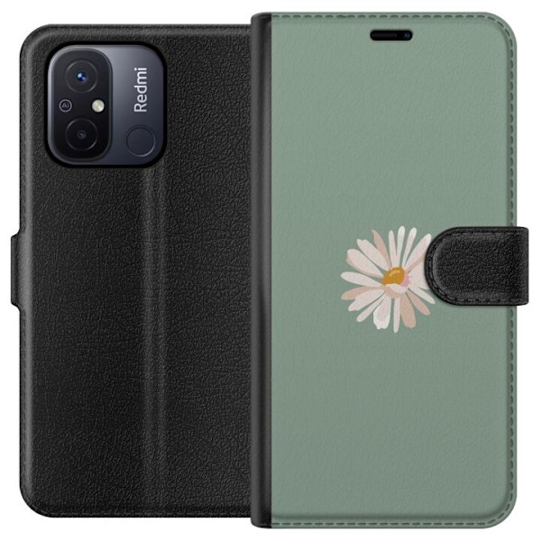 Xiaomi Redmi 12C Lompakkokotelo Vihreä Minimalikukka - tyylikäs kukka vihreällä taustalla