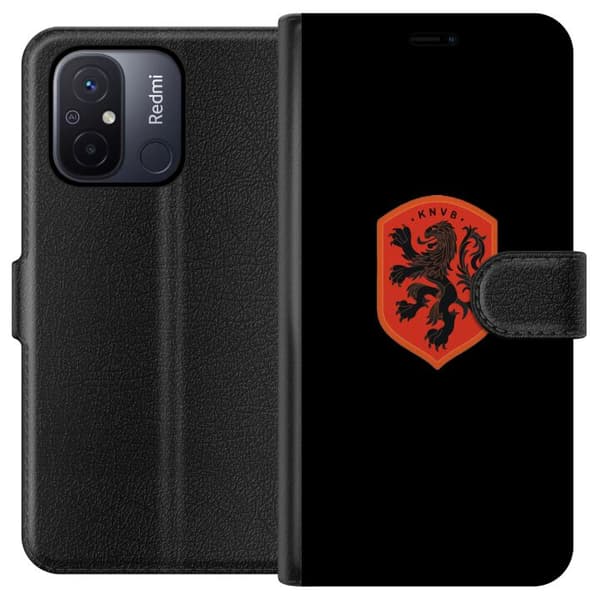 Kompatibel Tegnebogsetui til Xiaomi Redmi 12C Orange skjold med sort heraldisk løve mod sort baggrund sort