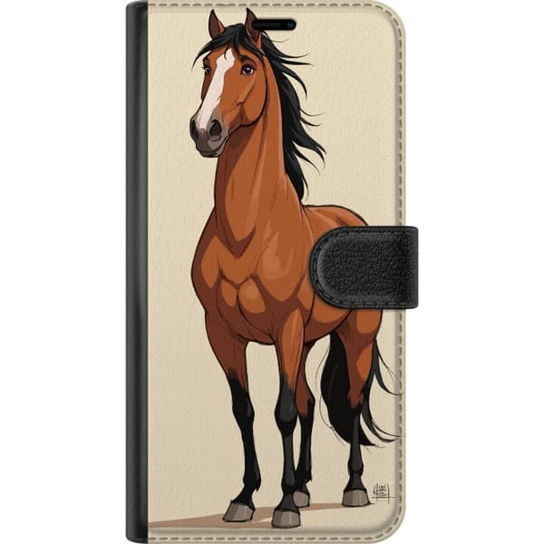 Kompatibel Tegnebogsetui til Apple iPhone 8 Plus Illustreret brun hest med sort manke og hvid blis mod lys beige baggrund brun