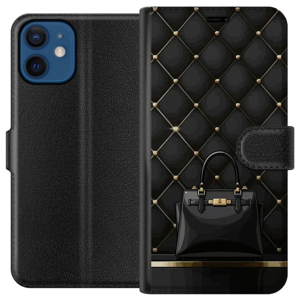Kompatibel Tegnebogsetui til Apple iPhone 12 mini Luksuriøs sort taske mod quiltet baggrund