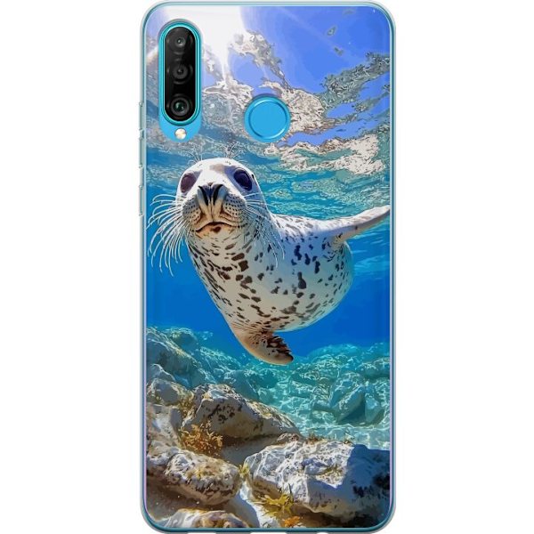 Huawei P30 lite Genomskinligt Skal Säl Hav Simmande Djurmotiv Natur Vattenmotiv Blå Design Marint Tema Populärt Motiv Djurliv