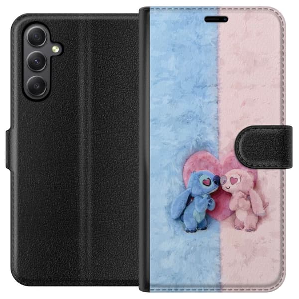 Kompatibel Tegnebogsetui til Samsung Galaxy A24 4G Søde blå og lyserøde figurer foran et stort lyserødt hjerte pink