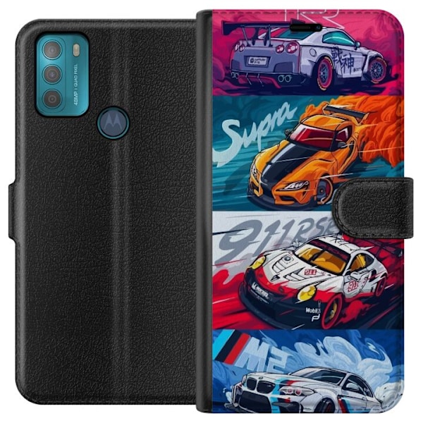 Motorola Moto G50 Lompakkokotelo Nopeat Autot - Piirretty Kuvio Toiminnalla