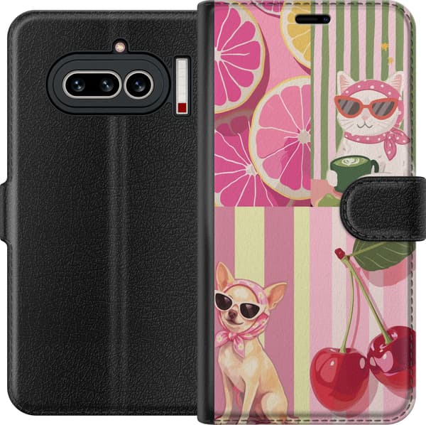 Kompatibel Tegnebogsetui til Nothing Phone (4a) Kat hund lyserøde citrusfrugter og kirsebær over lyserøde og grønne striber pink