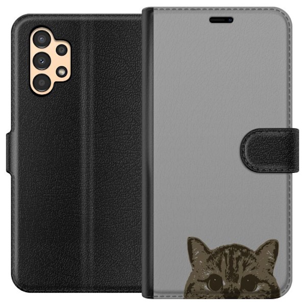 Samsung Galaxy A13 Plånboksfodral Grå Kattblick – stilren kattdesign med grå bakgrund