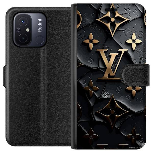 Xiaomi Redmi 12C Tegnebogsetui Louis Vuitton Mørk Tilstand Design Sort Luksus Stil Mode Populær Grafisk Mønster Modeikon Luksusmærke