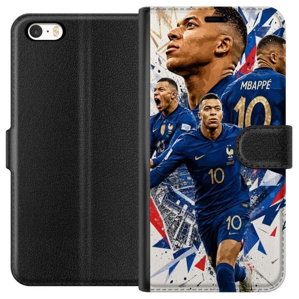 Kompatibel Tegnebogsetui til Apple iPhone 5s Kylian Mbappé i dynamisk fodboldcollage med blå, hvide og røde detaljer blå