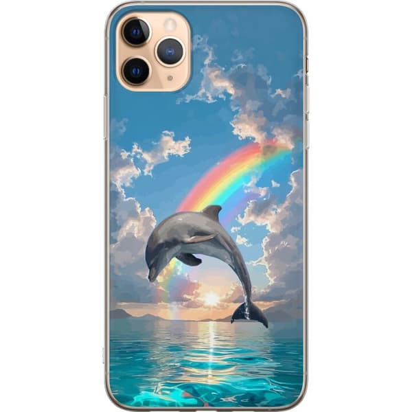 Kompatibelt Mobilskal till Apple iPhone 11 Pro Max Realistisk delfin framför regnbåge över lugnt hav blå