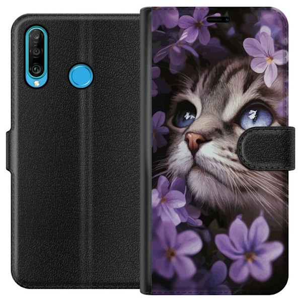 Huawei P30 lite Plånboksfodral Kat och blommor