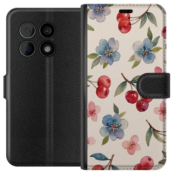 OnePlus 10 Pro Tegnebogsetui Bær & Blomster - mønster med blå blomster og skovbær