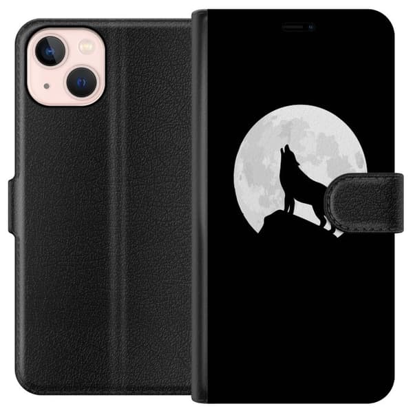 Kompatibel Tegnebogsetui til Apple iPhone 13 Sort silhuet af en hylende ulv foran en stor, hvid fuldmåne mod sort baggrund sort