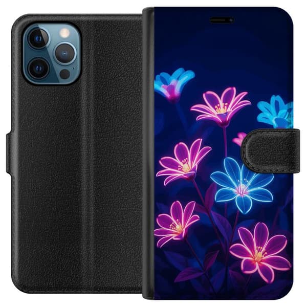 Kompatibel Tegnebogsetui til Apple iPhone 12 Pro Blåt og lyserødt motiv med lysende neonblomster mod mørk baggrund blå
