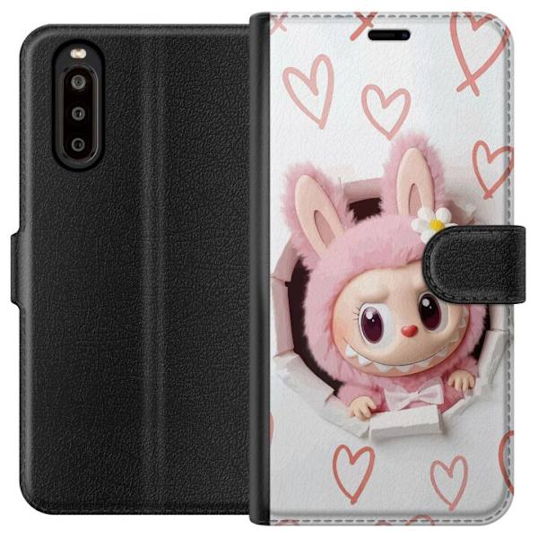 Sony Xperia 10 II Tegnebogsetui Labubu Hjerte Baggrund Pop Mart Kærlighed Tema Karakter Design Populært Motiv Samlerfigur Kunst Legetøj Serie