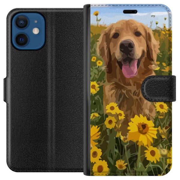 Apple iPhone 12 mini Plånboksfodral Golden Retriever Solrosfält Hundmotiv Natur Sommar Design Populärt Hundras Familjefavorit