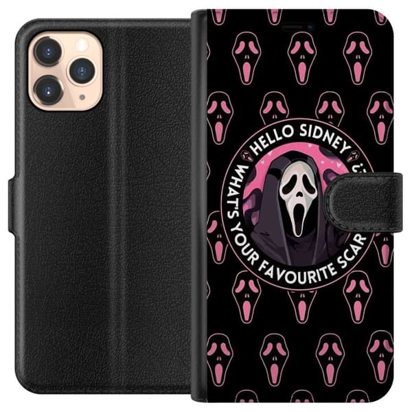 Kompatibel Tegnebogsetui til Apple iPhone 11 Pro Sort og rosa skrækmotiv med maskerede figurer og teksten Hello Sidney sort