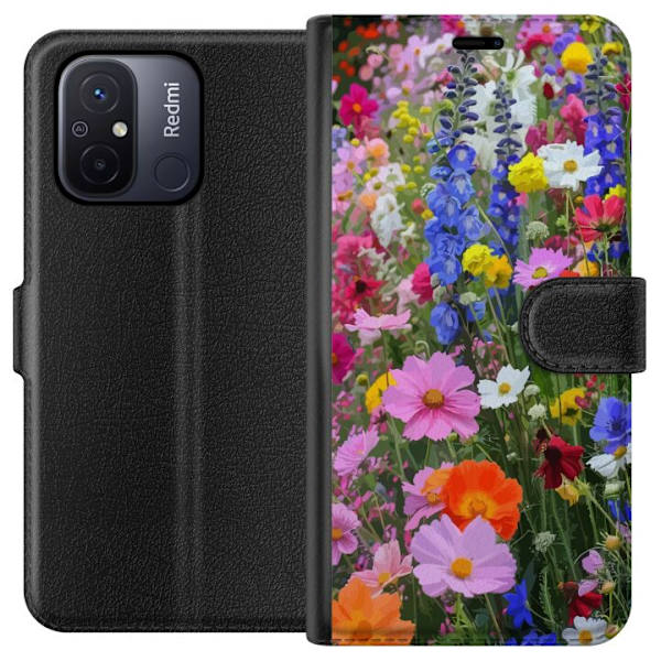 Xiaomi Redmi 12C Lompakkokotelo Kukkakuvioinen mobiilikuori kesäisellä niityllä ja luontomaisemalla