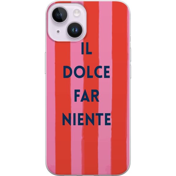 Kompatibelt Mobilskal till Apple iPhone 15 Plus Texten Il Dolce Far Niente i mörkblått mot handmålade rosa och röda ränder rosa