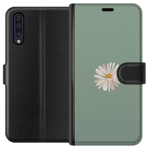 Samsung Galaxy A50 Lompakkokotelo Vihreä Minimalikukka - tyylikäs kukka vihreällä taustalla