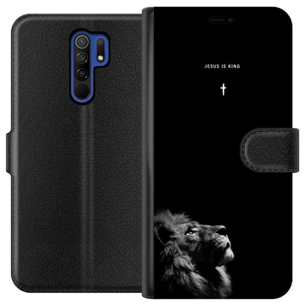 Kompatibel Tegnebogsetui til Xiaomi Redmi 9 Lejon med Jesus is King citat sort