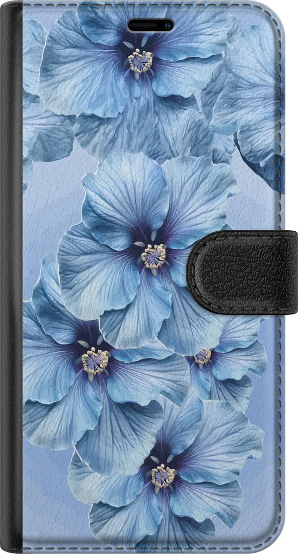 Kompatibel Tegnebogsetui til Samsung Galaxy S25 Edge Store lyseblå blomster med mørkeblå centre mod blå baggrund blå