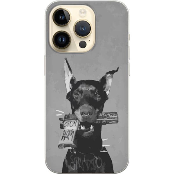 Apple iPhone 14 Pro Gennemsigtig cover Grå Hund Grafisk Design Sejt Dyremotiv Gadekunst Urban Trend Hundeejer Stil Populært Motiv