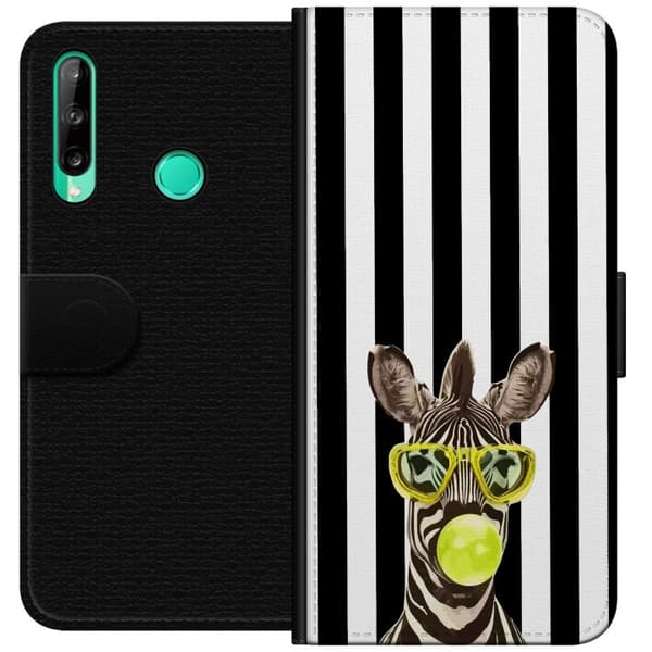 Kompatibel Tegnebogsetui til Huawei P40 lite E Sjov zebra med gule briller og grøn boble mod en sort-hvidstribet baggrund sort