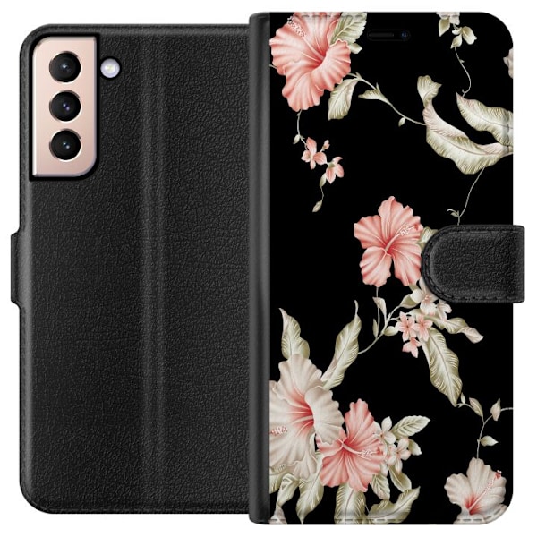 Samsung Galaxy S21 Tegnebogsetui Blomstermønster Sort