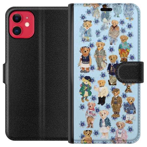 Kompatibel Tegnebogsetui til Apple iPhone 11 Søde bamser i trendy tøj med blå blomster blå