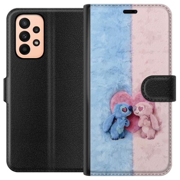 Kompatibel Tegnebogsetui til Samsung Galaxy A23 Søde blå og lyserøde figurer foran et stort lyserødt hjerte pink