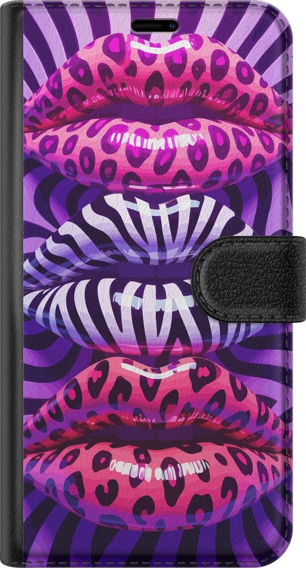 Kompatibel Tegnebogsetui til Google Pixel 10 Rosa leopardmønstrede og sort-hvide zebrastribede læber på lilla hvirvelbaggrund lilla