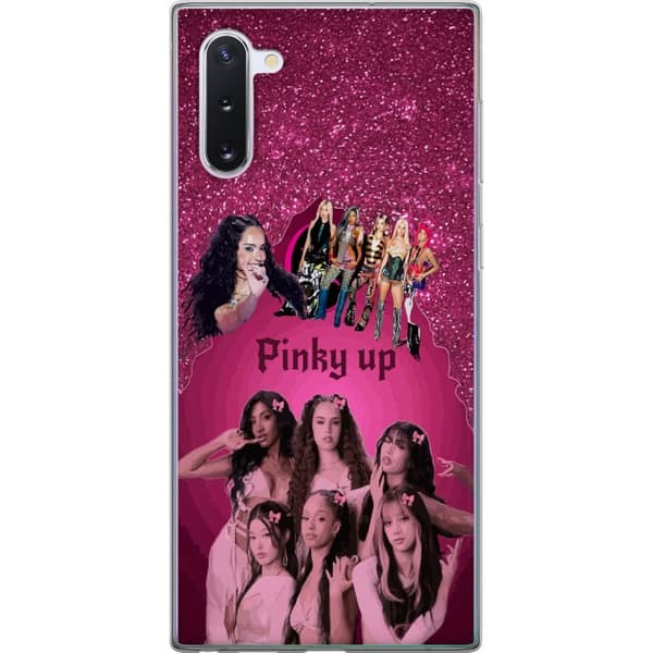 Kompatibelt Mobildeksel til Samsung Galaxy Note10 KATSEYE i rosa collage med sløyfer, glitrende bakgrunn og mørk dekorativ tekst rosa