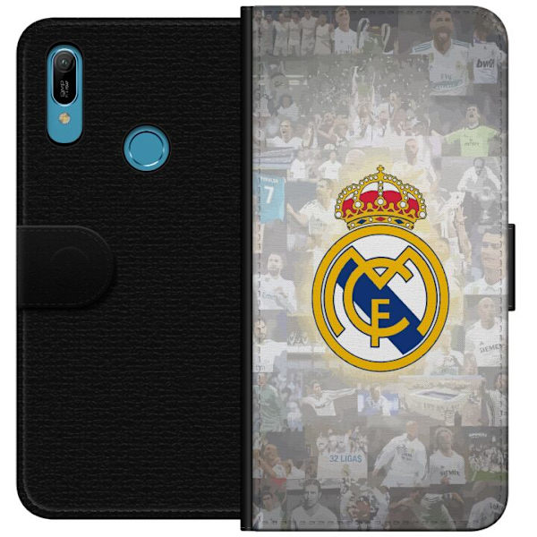 Huawei Y6 (2019) Lompakkokotelo Real Madrid -emblem Jalkapallokerho Tunnuksella Valkoinen Kulta Design Mestarien Liiga Mestari La Liga Fanit Ikoninen