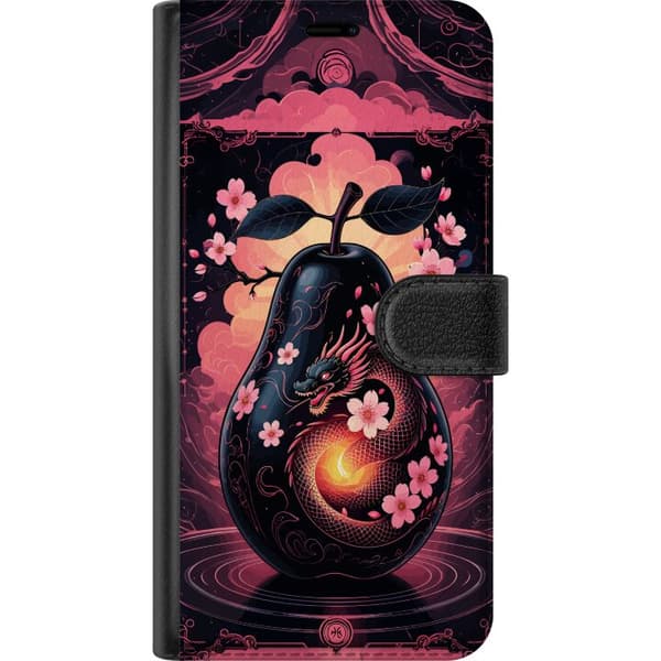 Kompatibel Tegnebogsetui til Apple iPhone 16e Dramatisk fantasimotiv med sort drage, lyserøde kirsebærblomster og glødende orange detaljer sort
