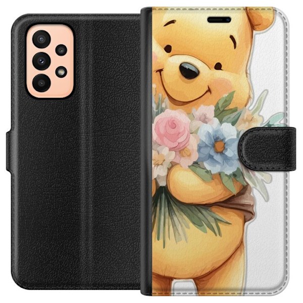 Samsung Galaxy A23 Tegnebogsetui Nalle Puh med blomster - klassisk børnefavorit i en blomstrende forårs miljø