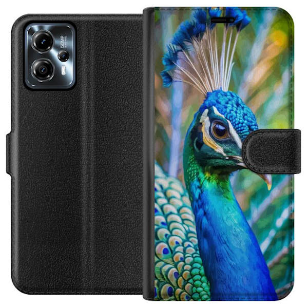 Motorola Moto G13 Lompakkokotelo Pavun Sulat Värikäs Design Lintuaihe Eksoottinen Graafinen Suunnittelu Luonto Ylellinen Koristelu