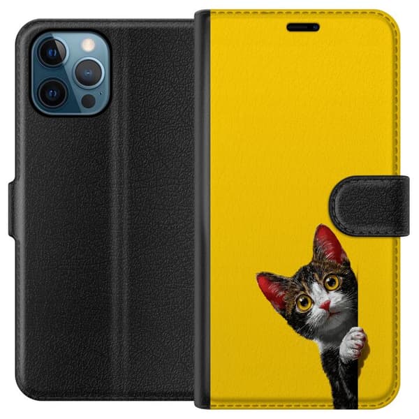 Kompatibel Tegnebogsetui til Apple iPhone 12 Pro Sød kat, der kigger ud mod gul minimalistisk baggrund gul