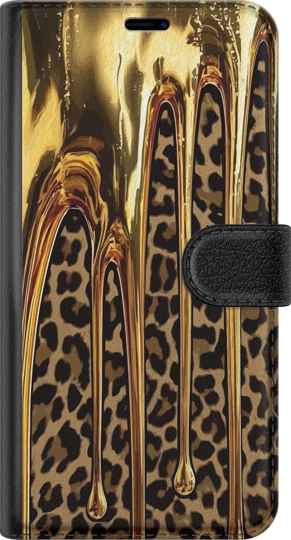 Kompatibel Tegnebogsetui til Apple iPhone 12 Pro Max Guldfarvede flydende former over brunt og sort leopardmønster guld