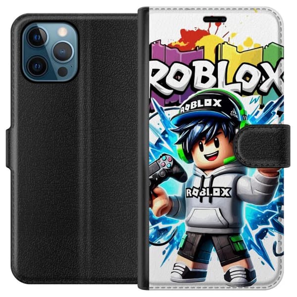 Kompatibel Tegnebogsetui til Apple iPhone 12 Pro Roblox-spilkarakter med headset og controller foran farvestænk