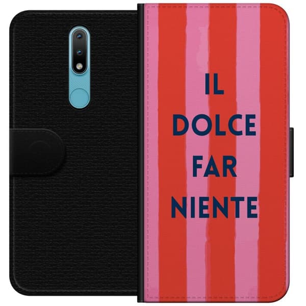 Kompatibel Tegnebogsetui til Nokia 2.4 Teksten Il Dolce Far Niente i mørkeblåt mod håndmalede rosa og røde striber pink
